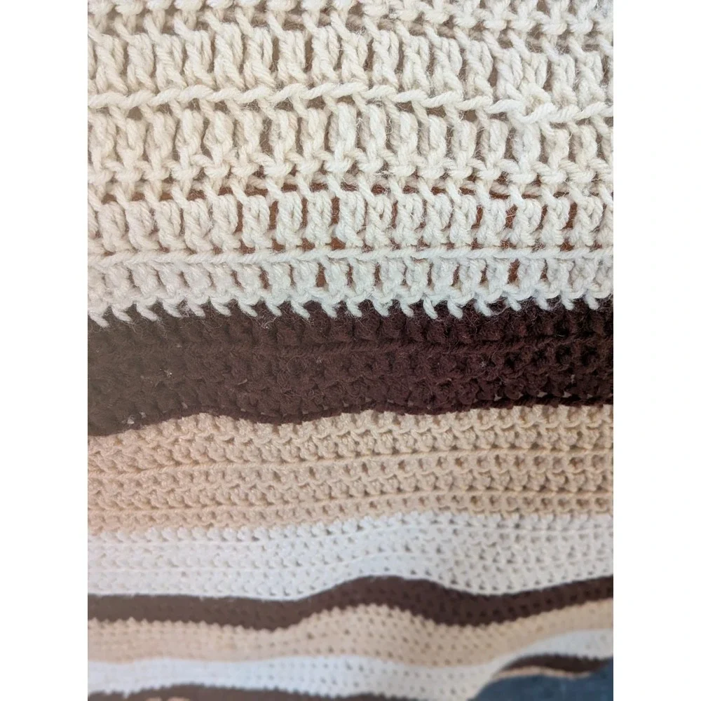 Vintage Handmade Crochet Afghan Throw Blanket 63x53 Tan Cream Brown Striped Farm